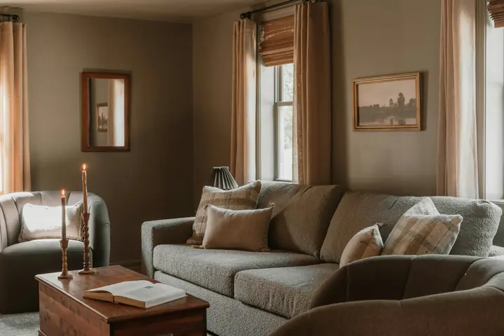 Warm, comfortable living room on a bright day