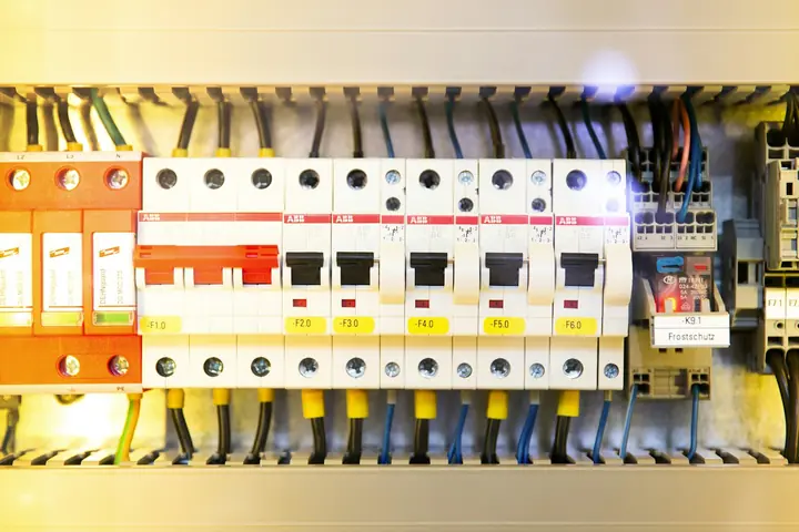 Row of circuit breakers in a distribution panel